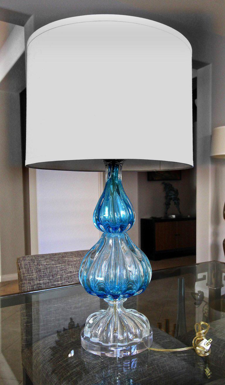Blue and Clear Seguso Murano Ribbed Glass Table Lamp 8