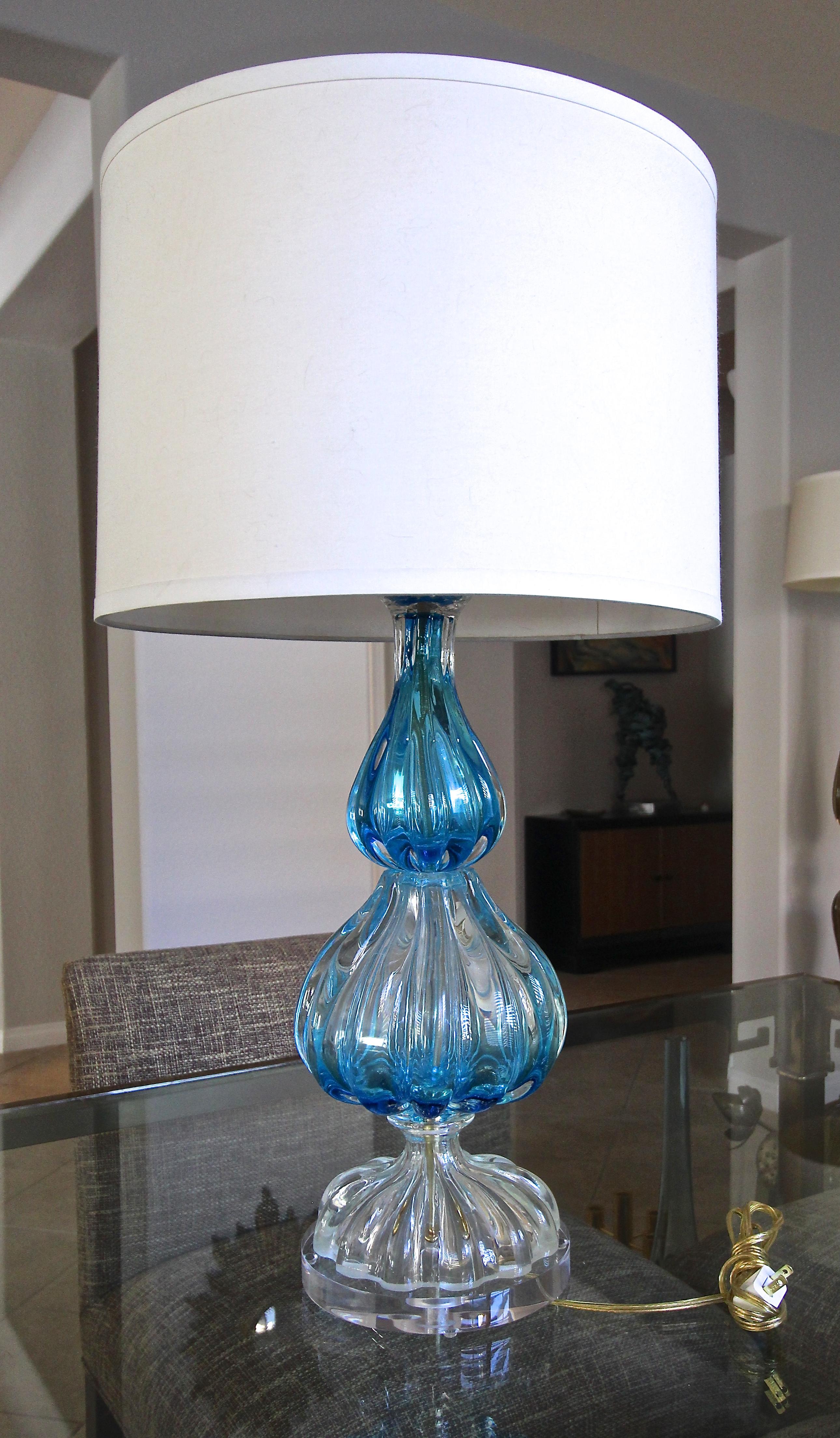 Italian Blue and Clear Seguso Murano Ribbed Glass Table Lamp
