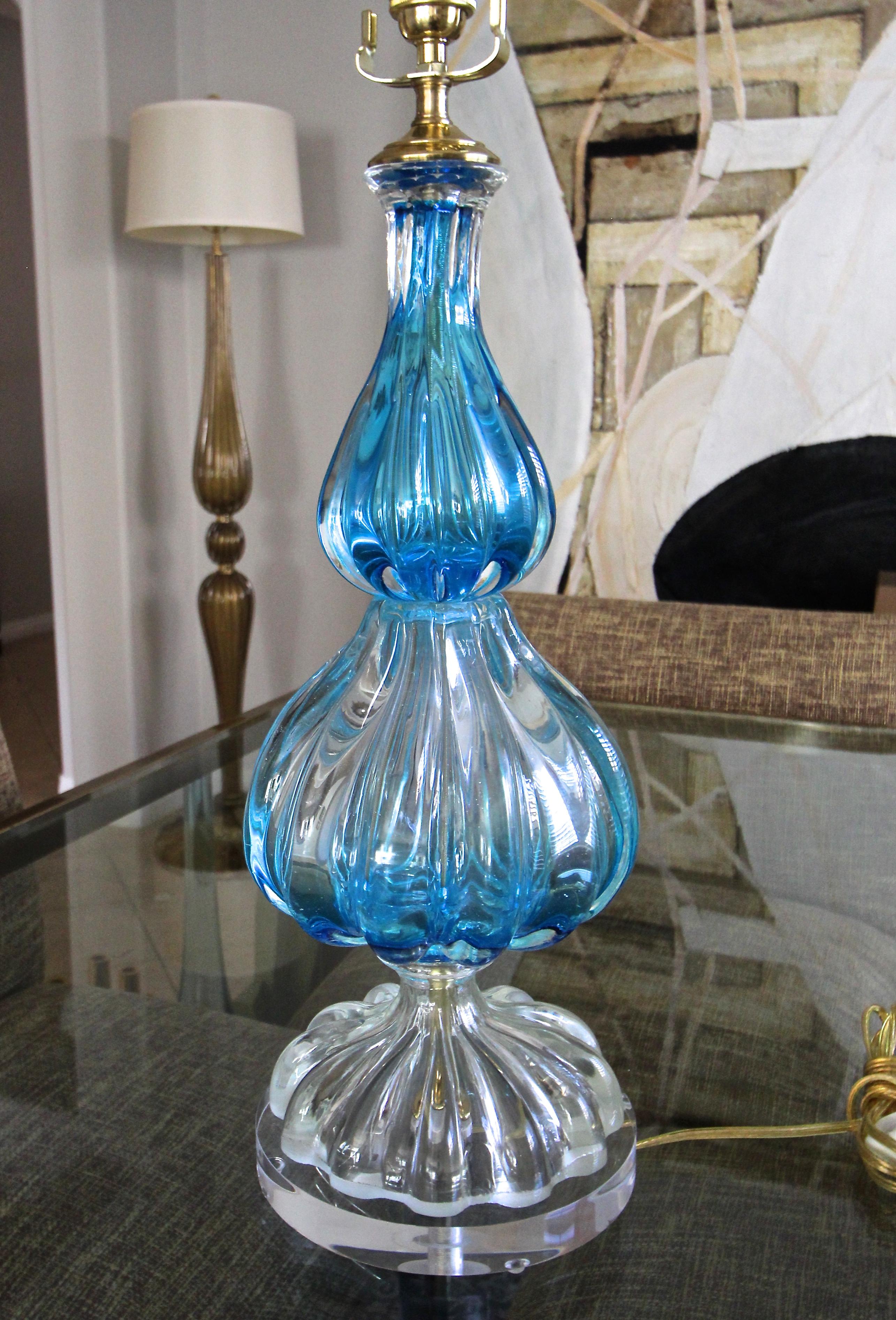 Giltwood Blue and Clear Seguso Murano Ribbed Glass Table Lamp