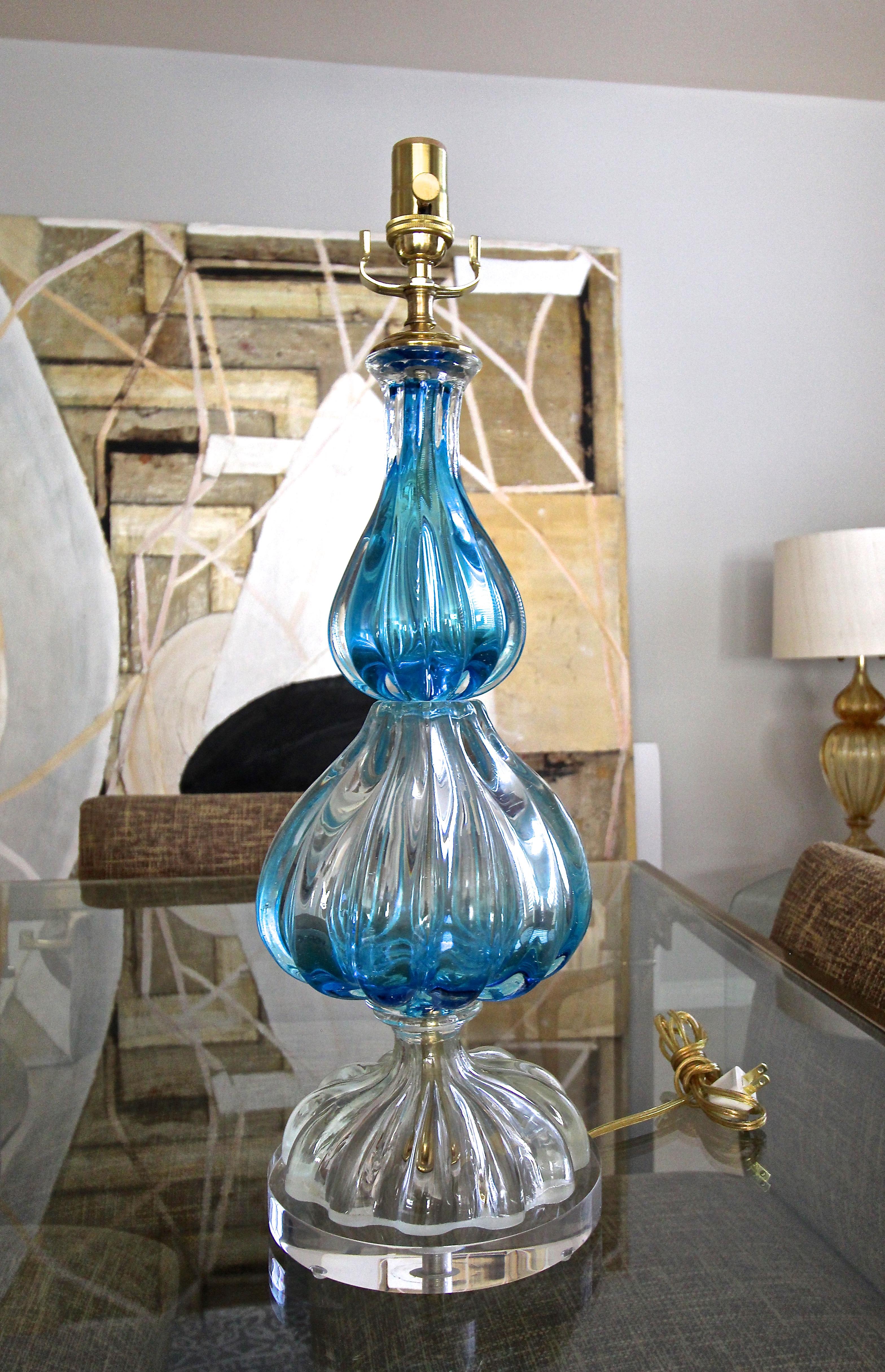Blue and Clear Seguso Murano Ribbed Glass Table Lamp 1