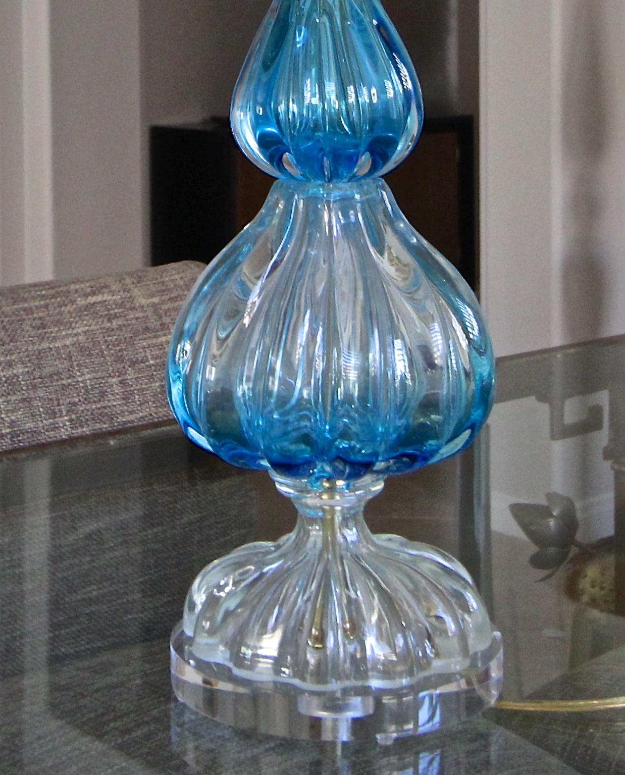Blue and Clear Seguso Murano Ribbed Glass Table Lamp 2