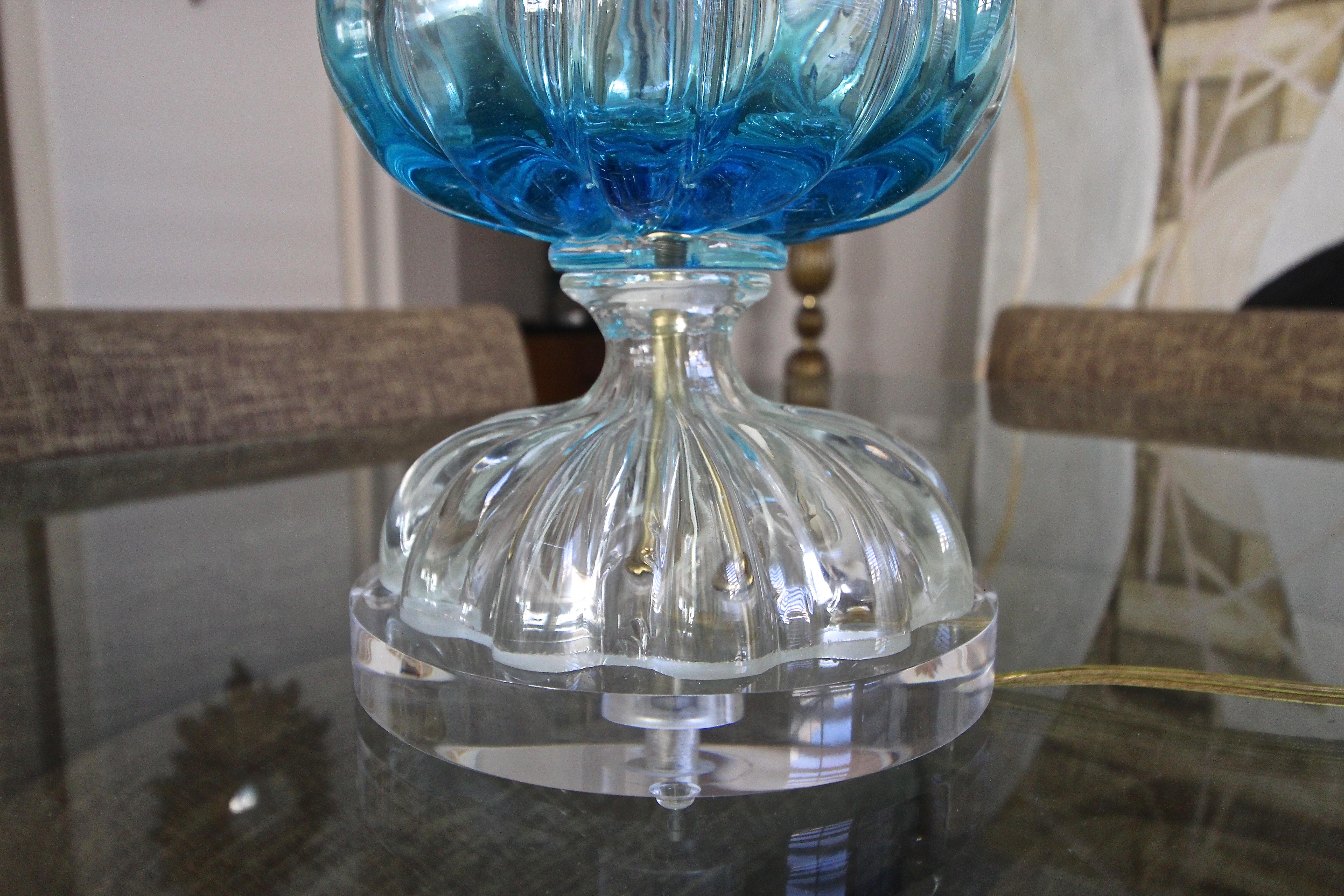 Blue and Clear Seguso Murano Ribbed Glass Table Lamp 3