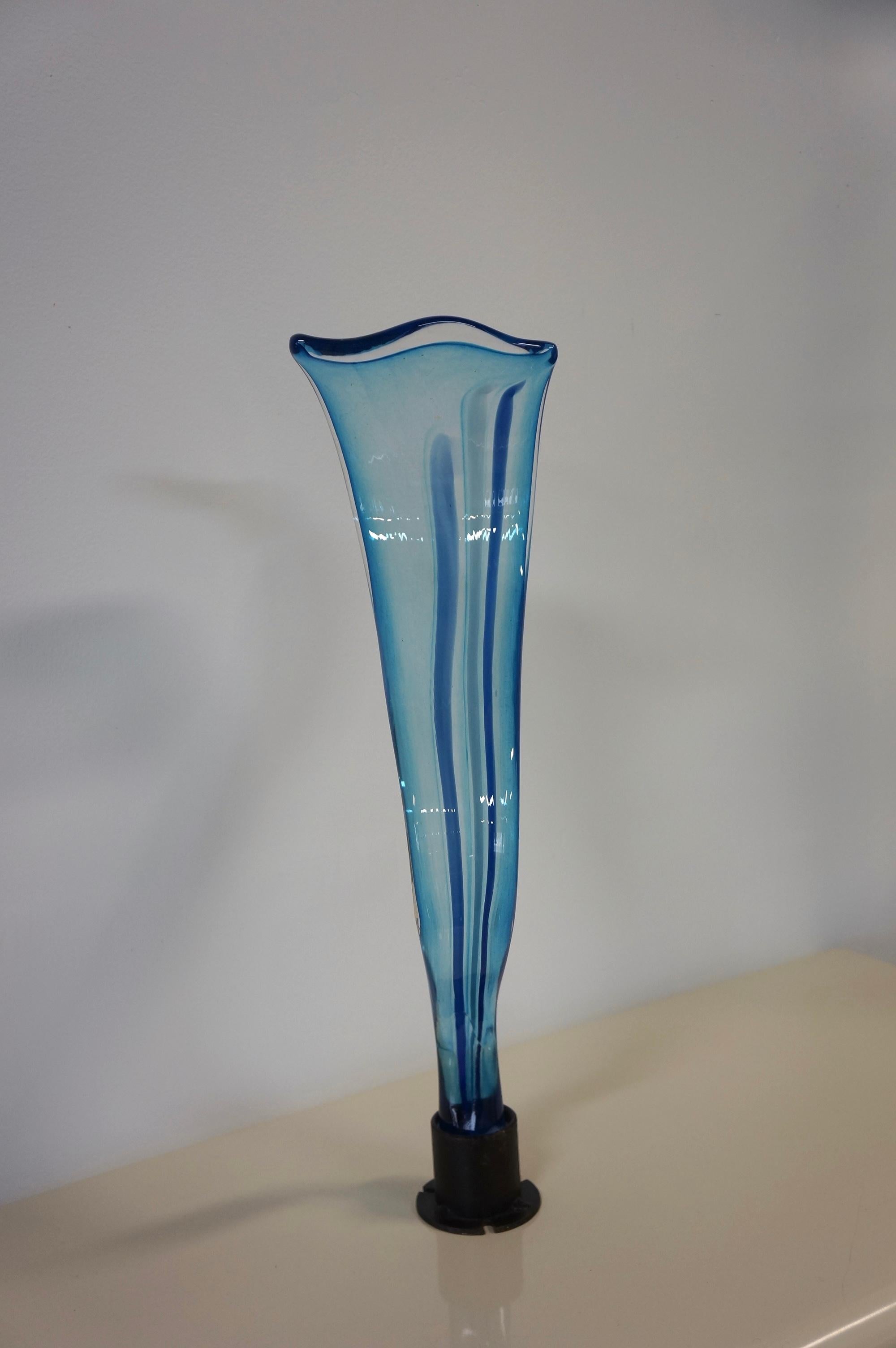 Mid-Century Modern Blue And Clear Wavy Swirl Art Glass Abstract Sculpture For Sale