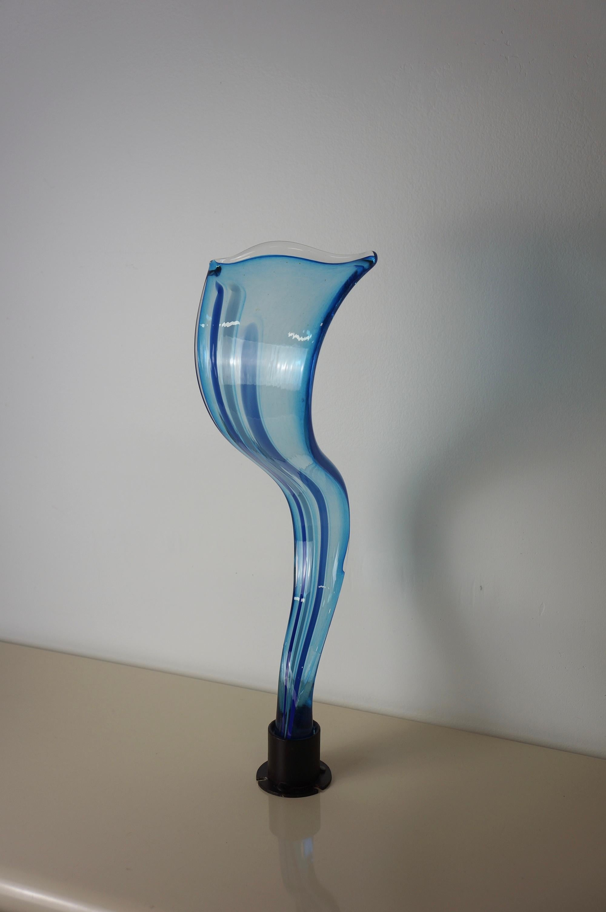 Fired Blue And Clear Wavy Swirl Art Glass Abstract Sculpture For Sale