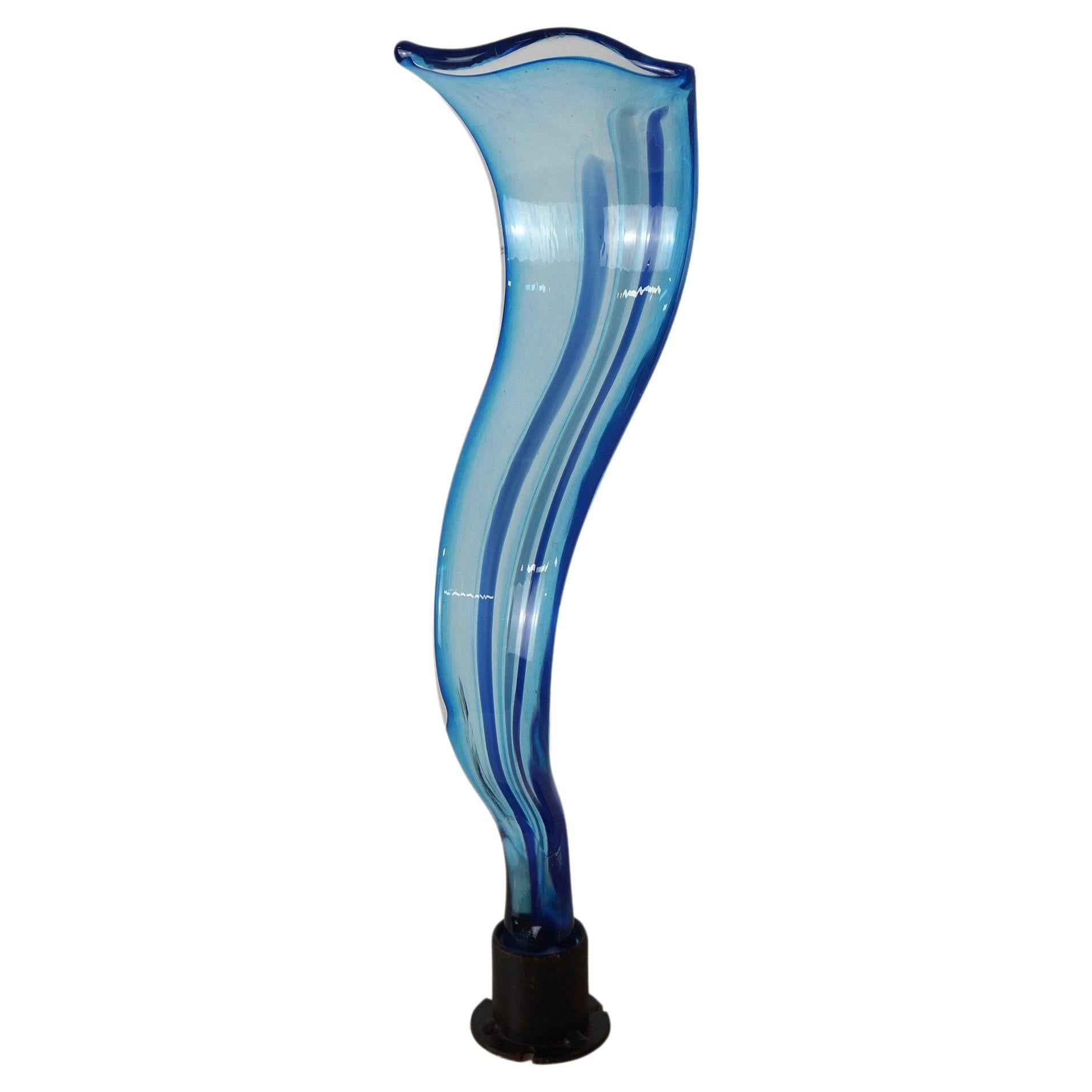 Blue And Clear Wavy Swirl Art Glass Abstract Sculpture