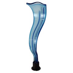 Blue And Clear Wavy Swirl Art Glass Abstract Sculpture