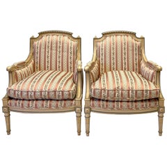 Blue and Cream Carved and Painted Club Chairs with Swedish Styling, Pair