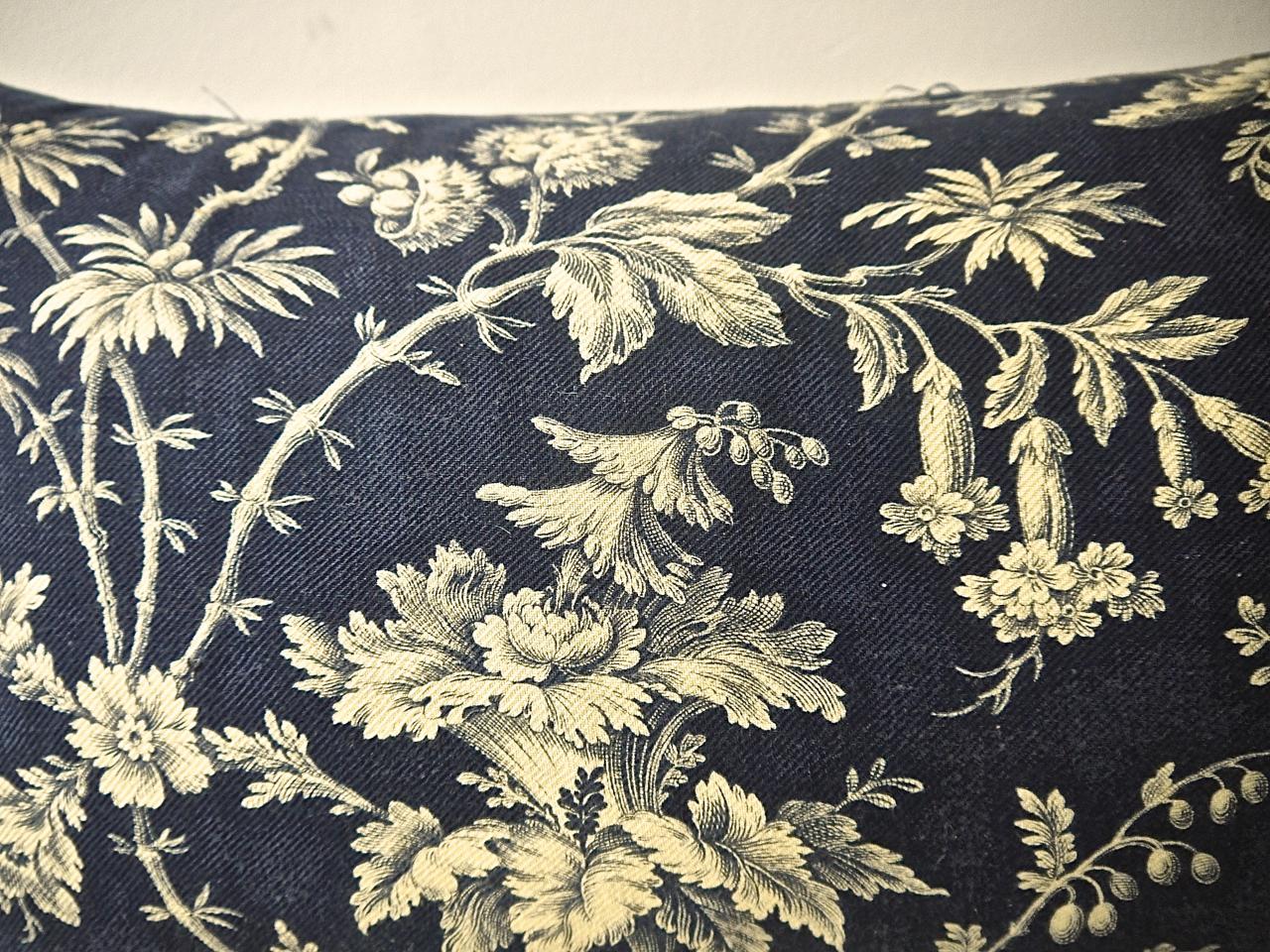 French Provincial Blue and Cream Indienne Exotic Flowers Cotton Pillow French 19th Century