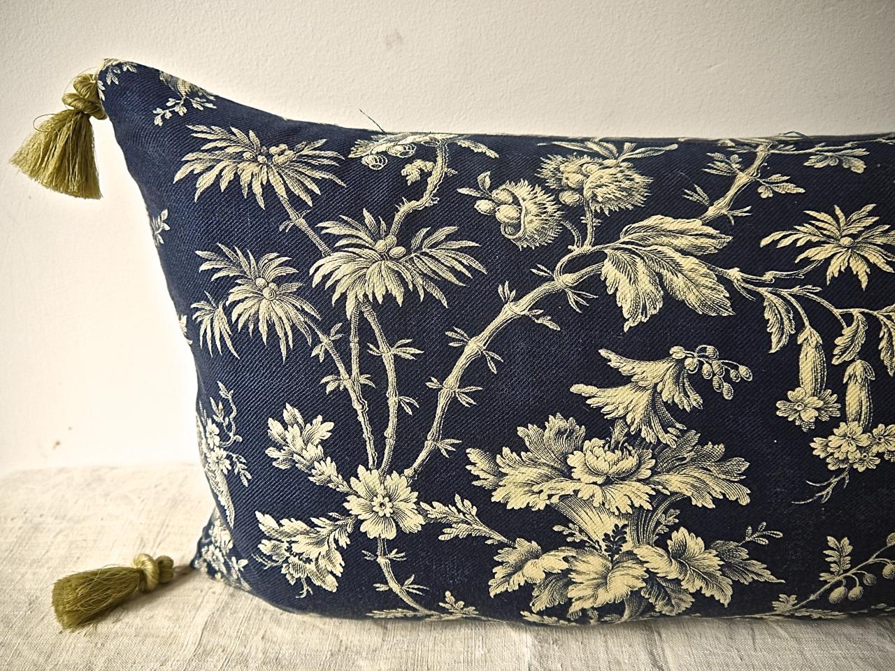 Blue and Cream Indienne Exotic Flowers Cotton Pillow French 19th Century In Good Condition In London, GB