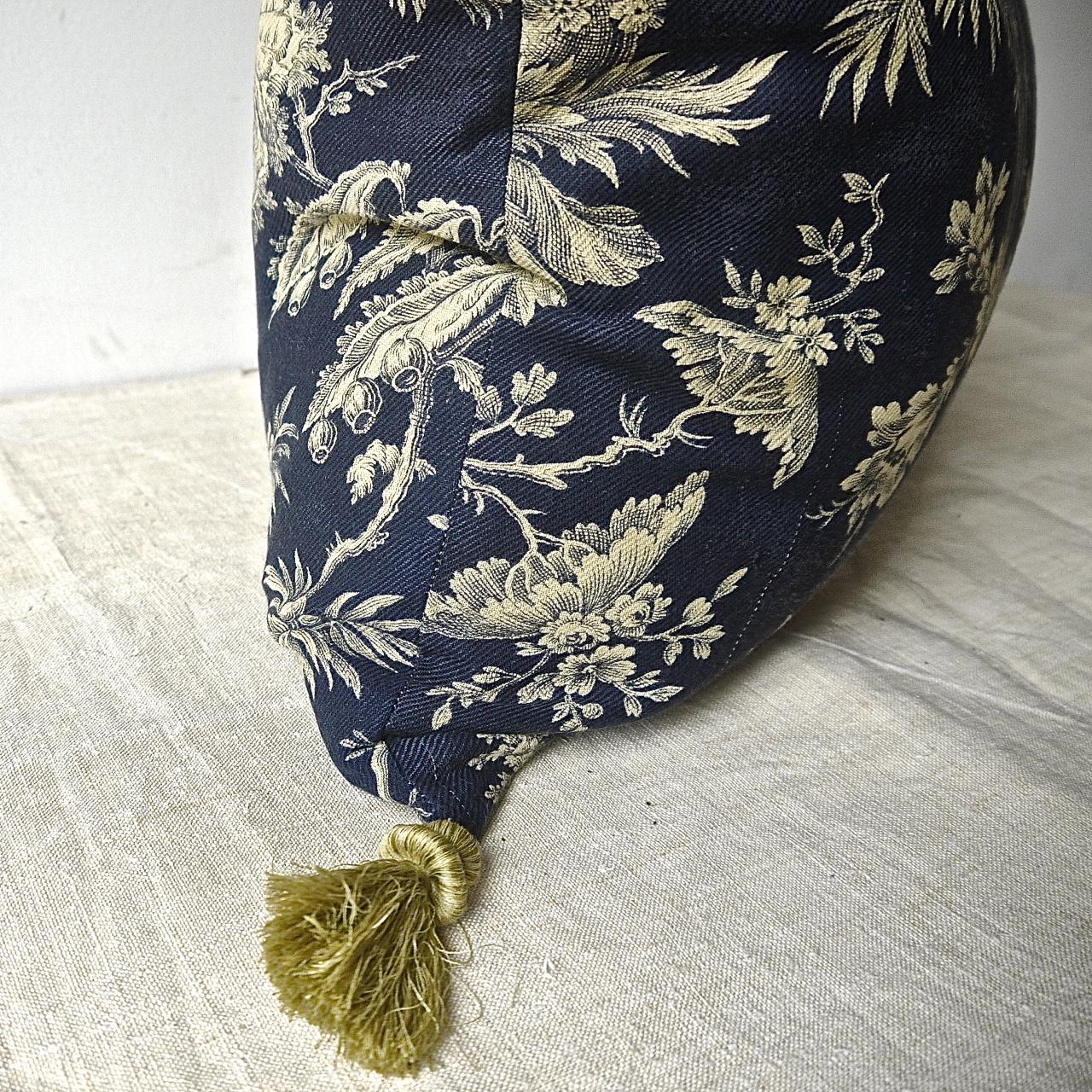 Blue and Cream Indienne Exotic Flowers Cotton Pillow French 19th Century 1