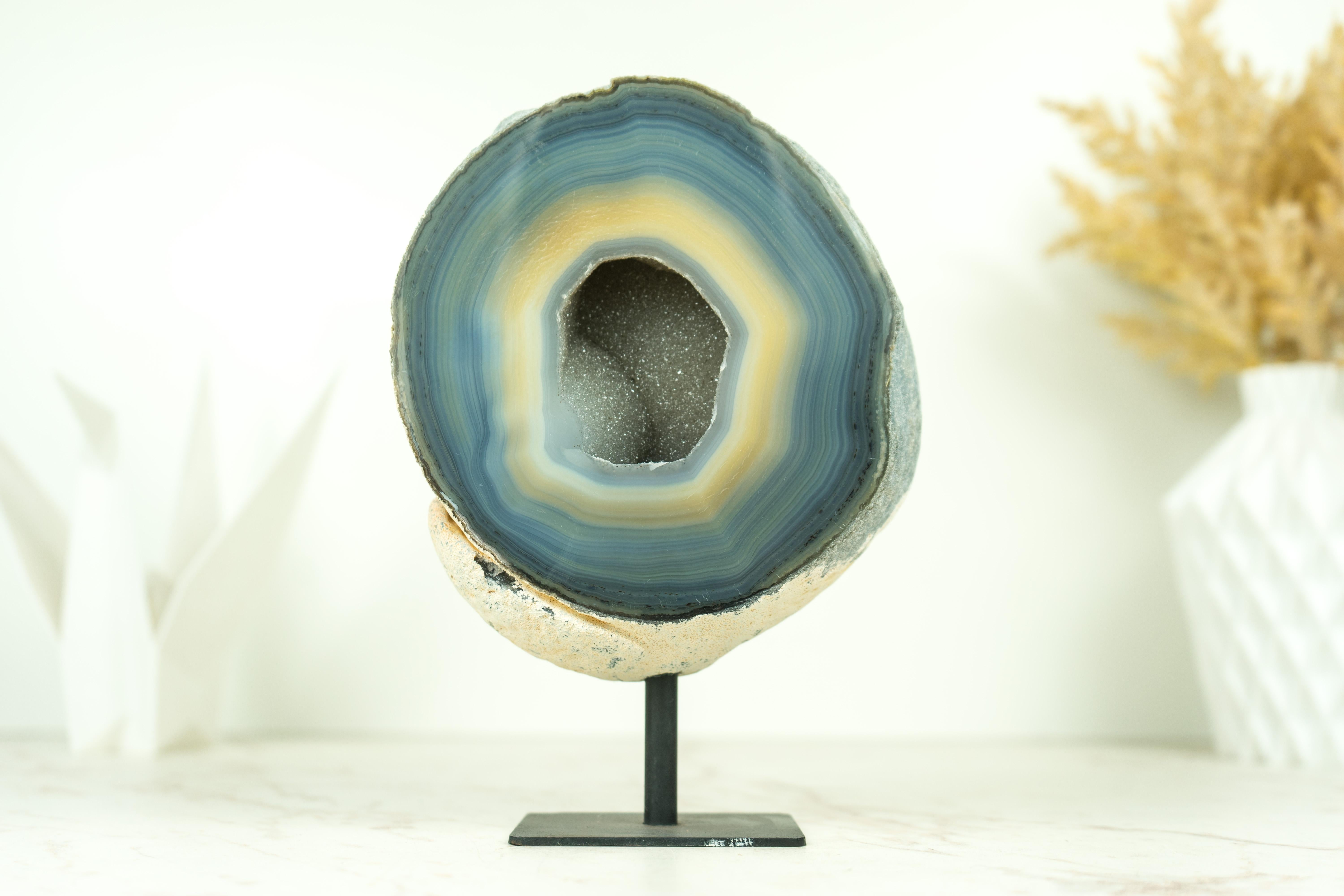 Blue and Cream Lace Agate Geode on Stand - Banded Agate Geode with Sugar For Sale 6
