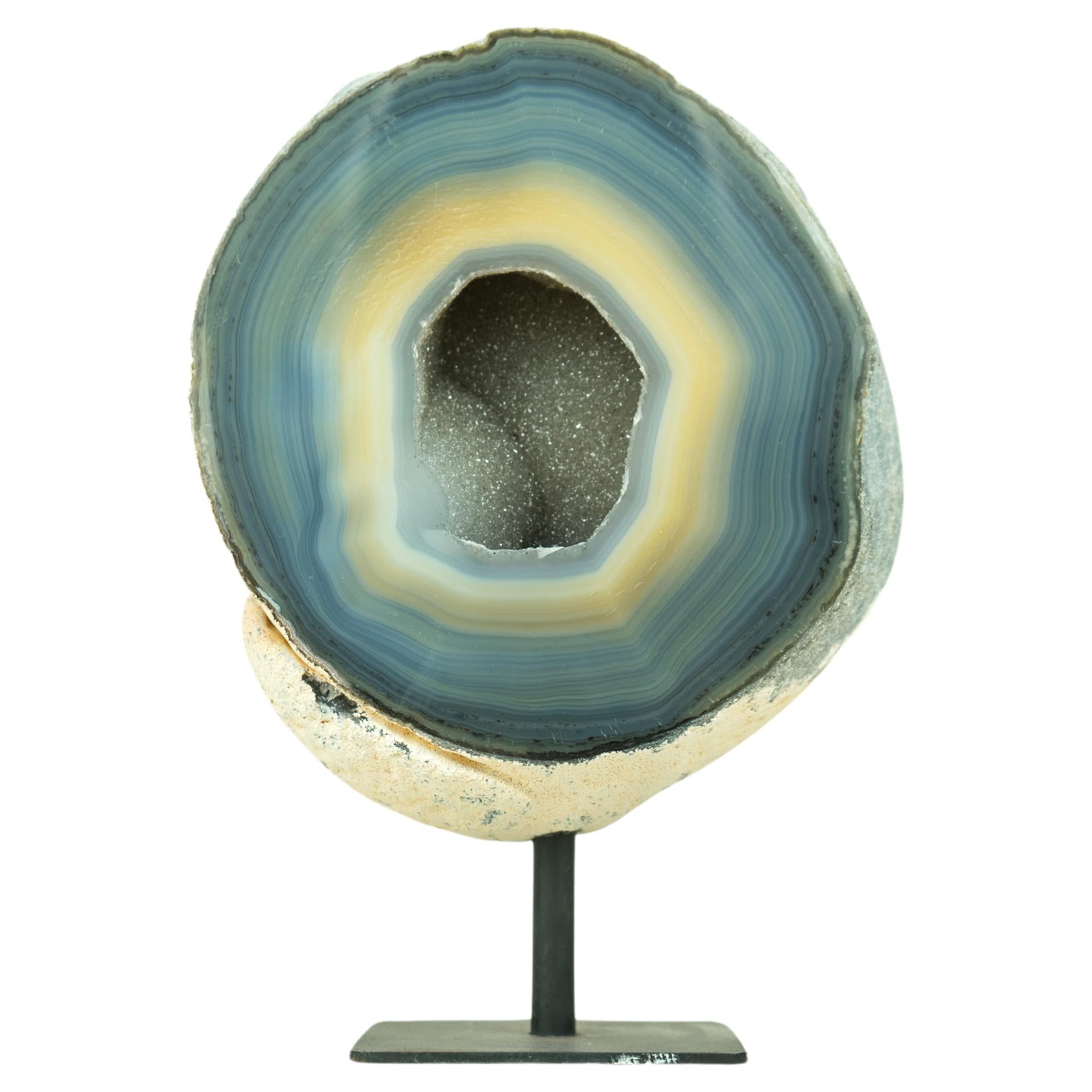 Blue and Cream Lace Agate Geode on Stand - Banded Agate Geode with Sugar For Sale