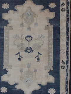 Blue and Cream Medallion Vintage Turkish Oushak Rug with Tribal Geometric Design