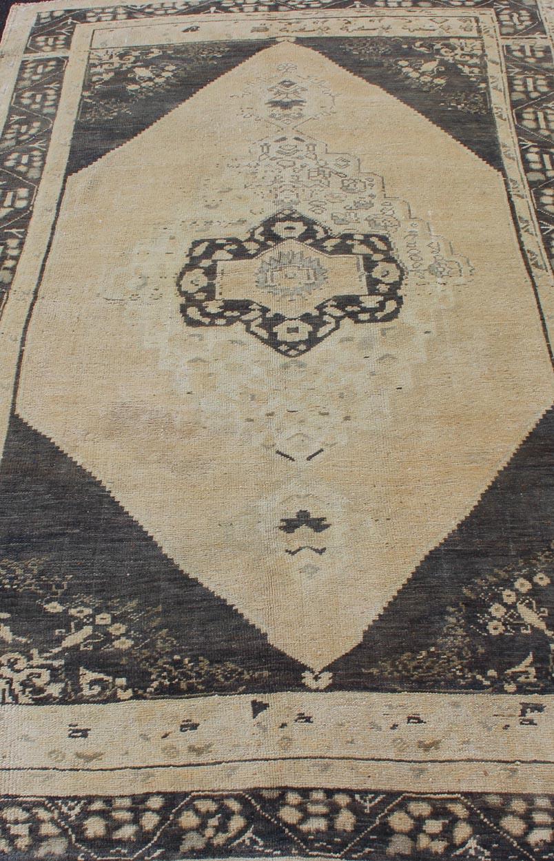 Hand-Knotted Blue and Cream Medallion Vintage Turkish Oushak Rug with Tribal Geometric Design For Sale
