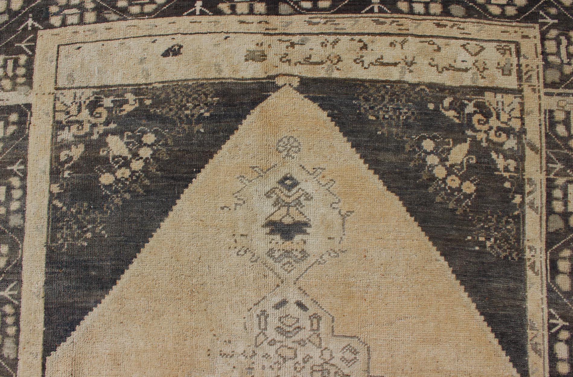 Wool Blue and Cream Medallion Vintage Turkish Oushak Rug with Tribal Geometric Design For Sale