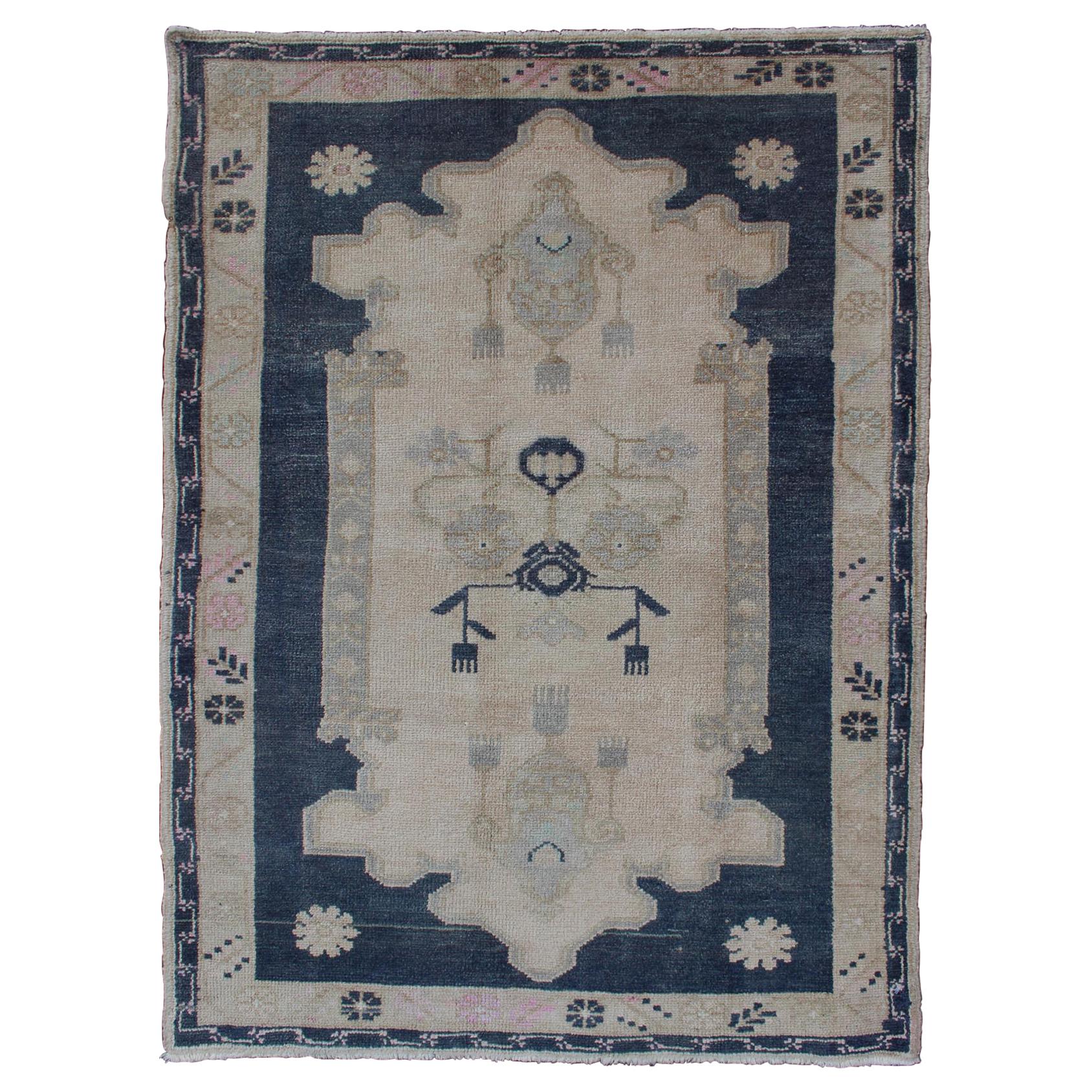 Blue and Cream Medallion Vintage Turkish Oushak Rug with Tribal Geometric Design For Sale