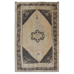 Alfombra Turca Oushak Vintage Medallón Azul y Crema con Diseño Geométrico Tribal