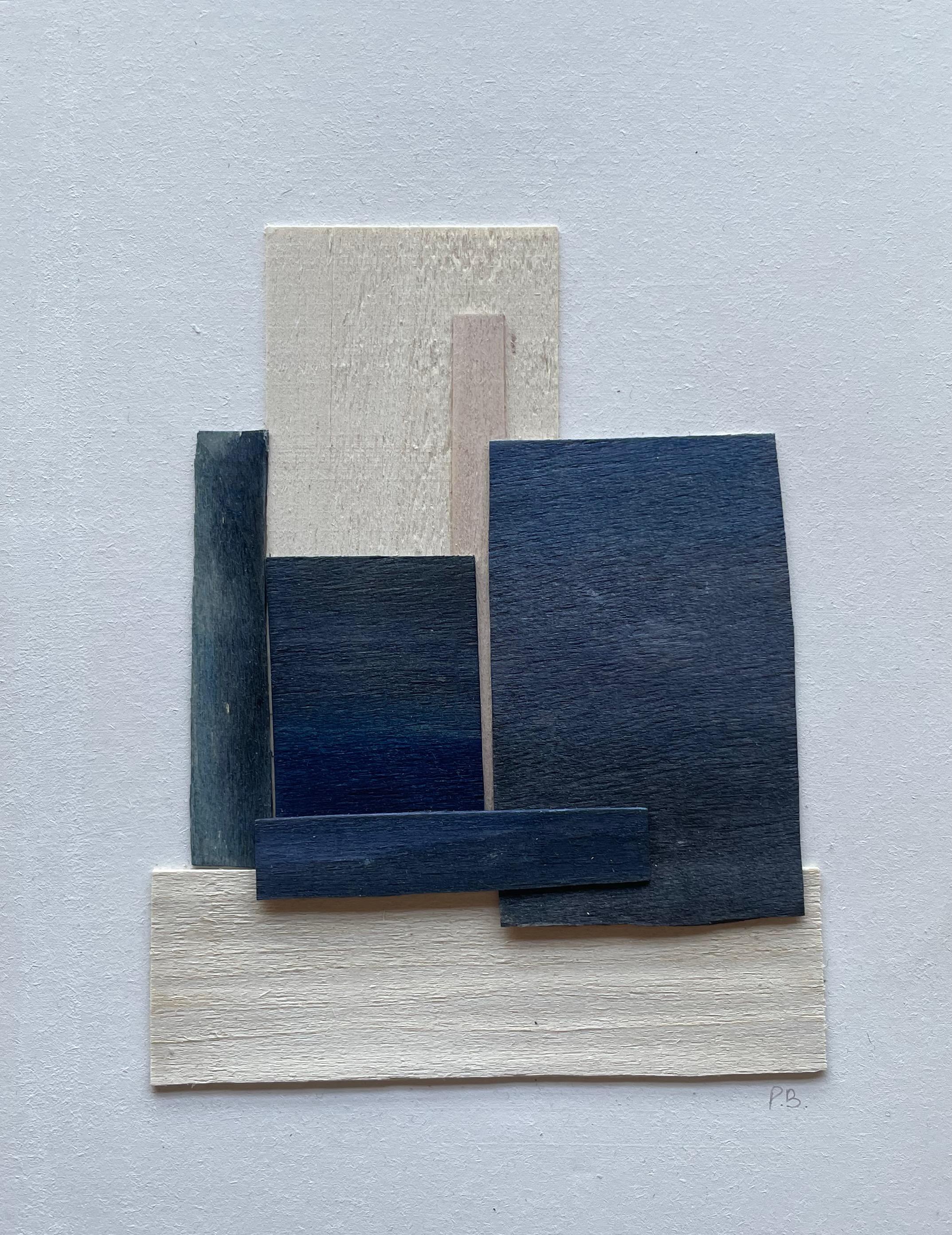 French Blue And Cream Painted Thin Wood Slices By Perrine Blaise, France, Contemporary