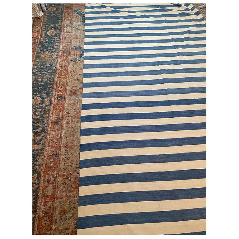 Blue and Cream Striped Kilim 26’6″ x 14’2″ In Good Condition For Sale In Sag Harbor, NY
