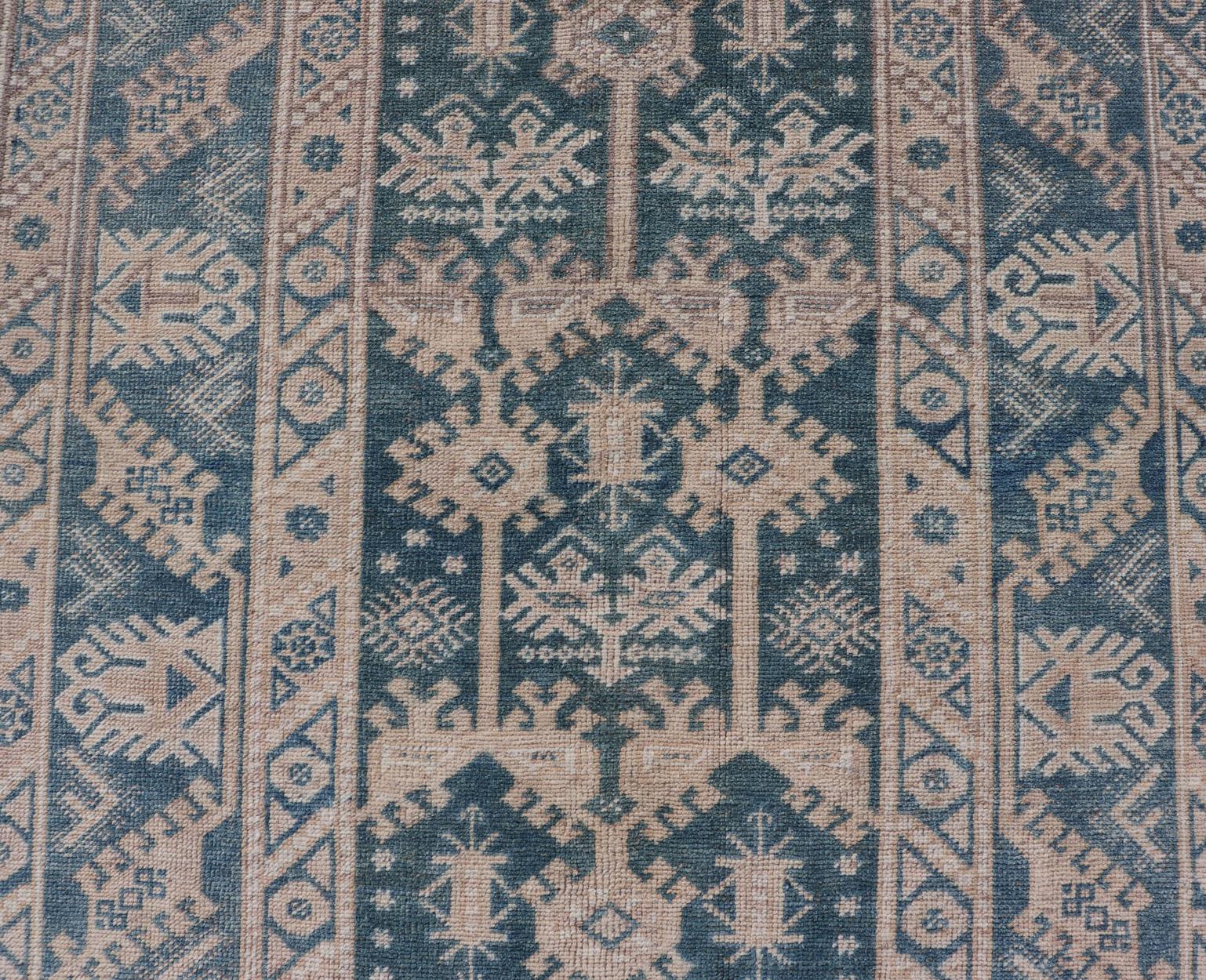 Blue and Cream Turkish Oushak Rug Vintage with All-Over Motif Design For Sale 4