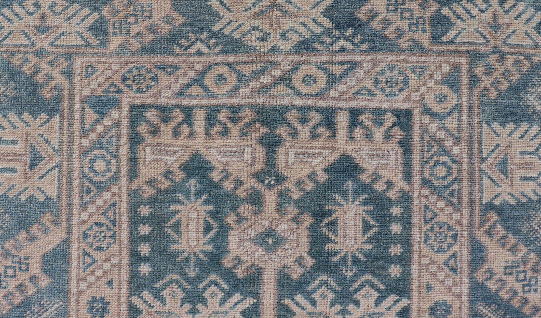 Blue and Cream Turkish Oushak Rug Vintage with All-Over Motif Design For Sale 5