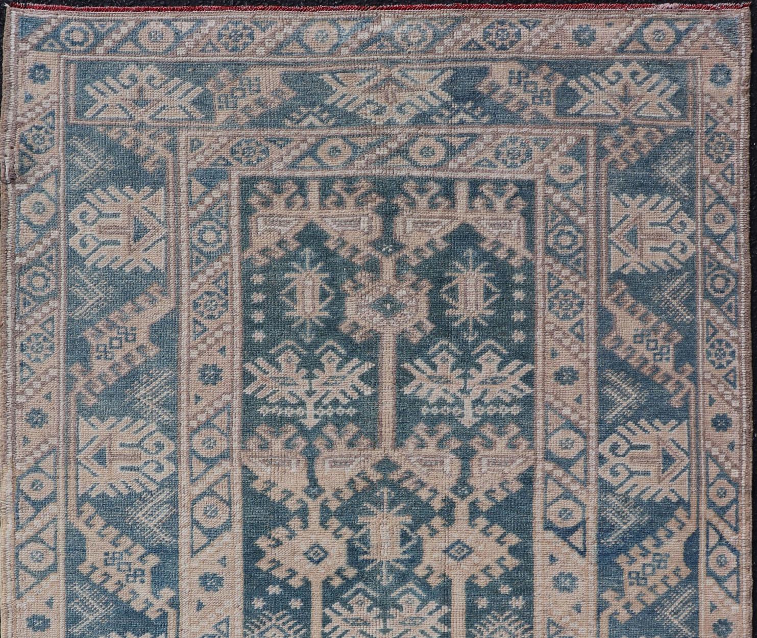 Hand-Knotted Blue and Cream Turkish Oushak Rug Vintage with All-Over Motif Design For Sale