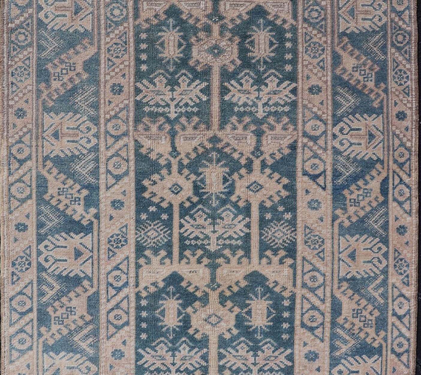 Blue and Cream Turkish Oushak Rug Vintage with All-Over Motif Design In Good Condition For Sale In Atlanta, GA