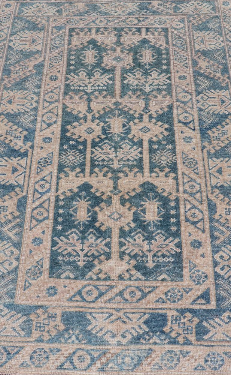 Blue and Cream Turkish Oushak Rug Vintage with All-Over Motif Design For Sale 2