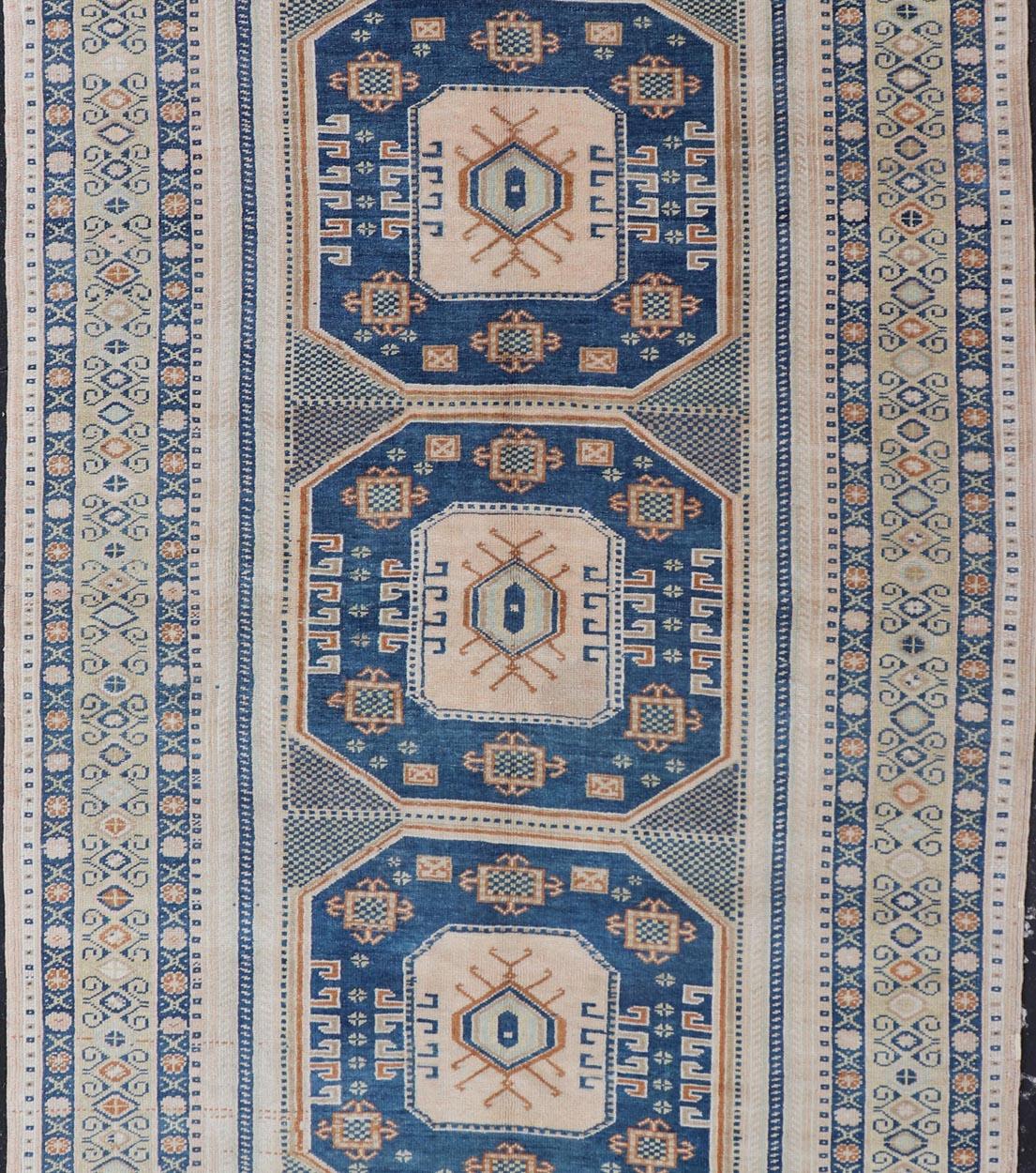 Hand-Knotted Blue and Cream Turkish Oushak Rug Vintage with Three Medallion Design