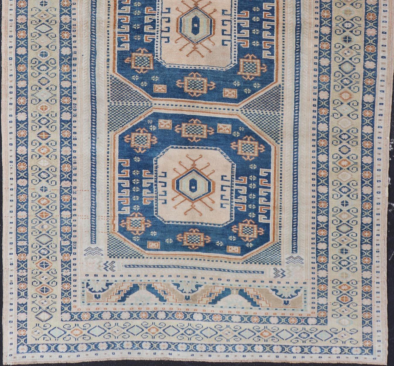Blue and Cream Turkish Oushak Rug Vintage with Three Medallion Design In Good Condition In Atlanta, GA