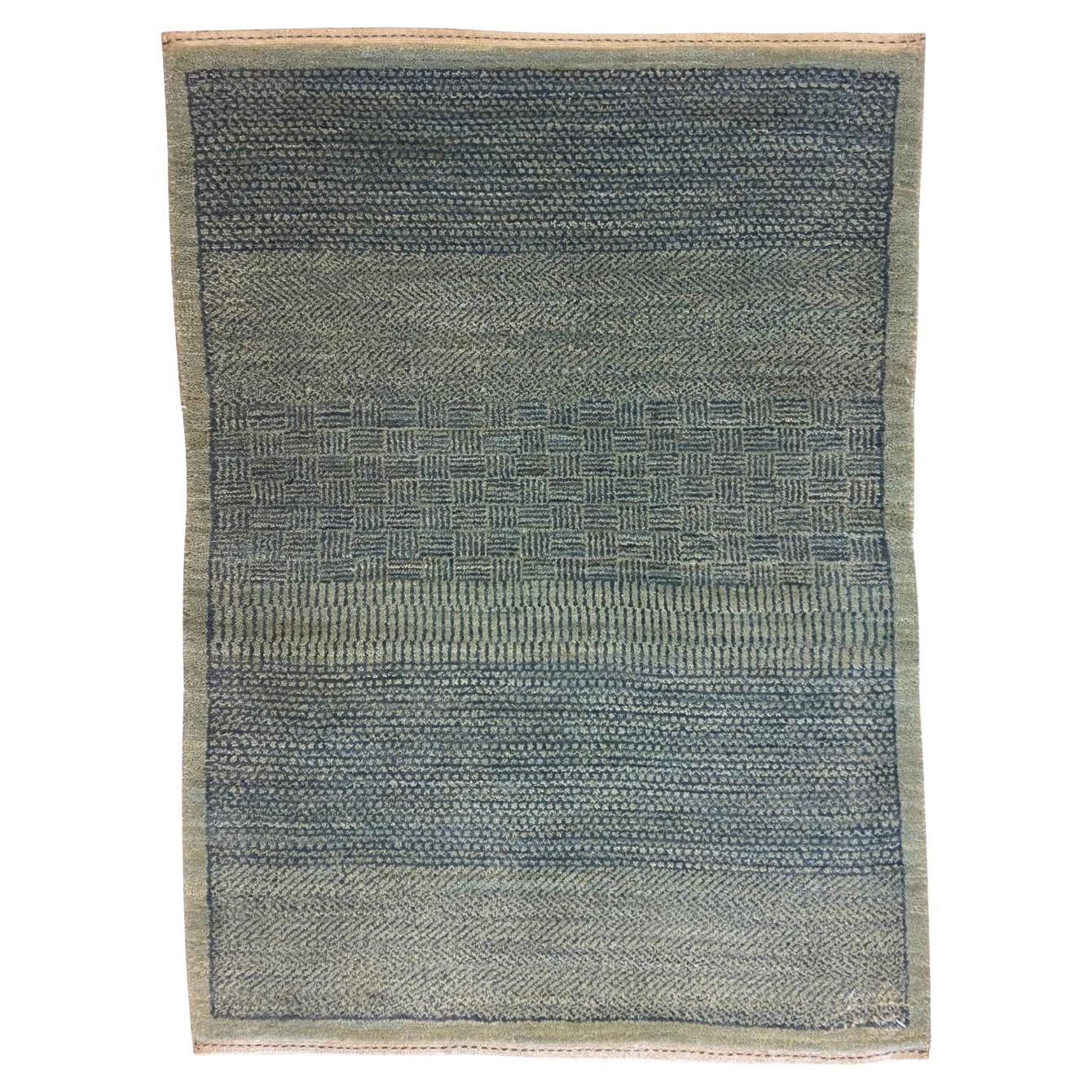 Blue and Cream Wool Persian Rug with Detailed Textured Patterns, 2' x 3'