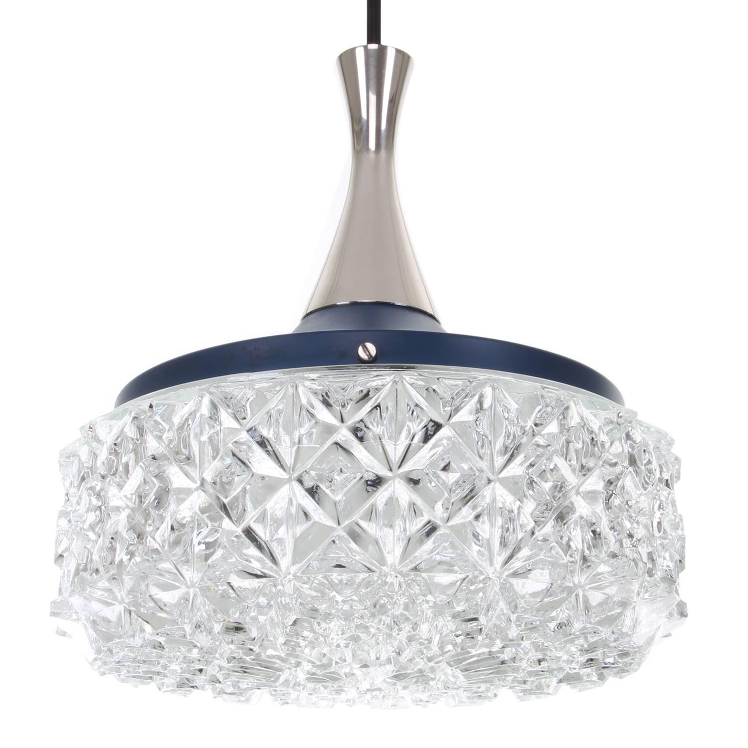 Mid-Century Modern Blue and Crystal Glass Pendant Light, 1960s, Crystal Glass Hanging Lamp For Sale
