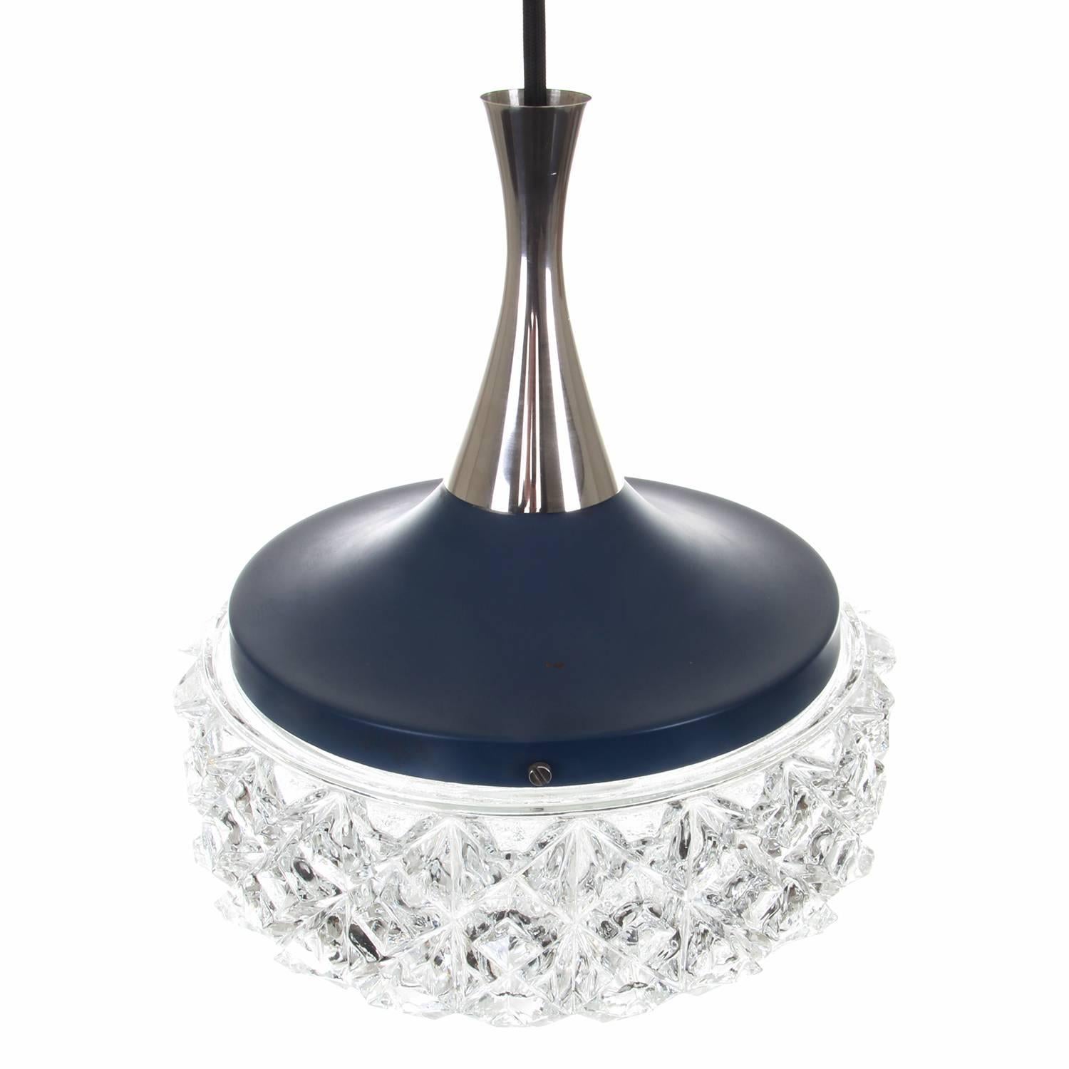 Blue and Crystal Glass Pendant Light, 1960s, Crystal Glass Hanging Lamp In Good Condition For Sale In Frederiksberg, DK
