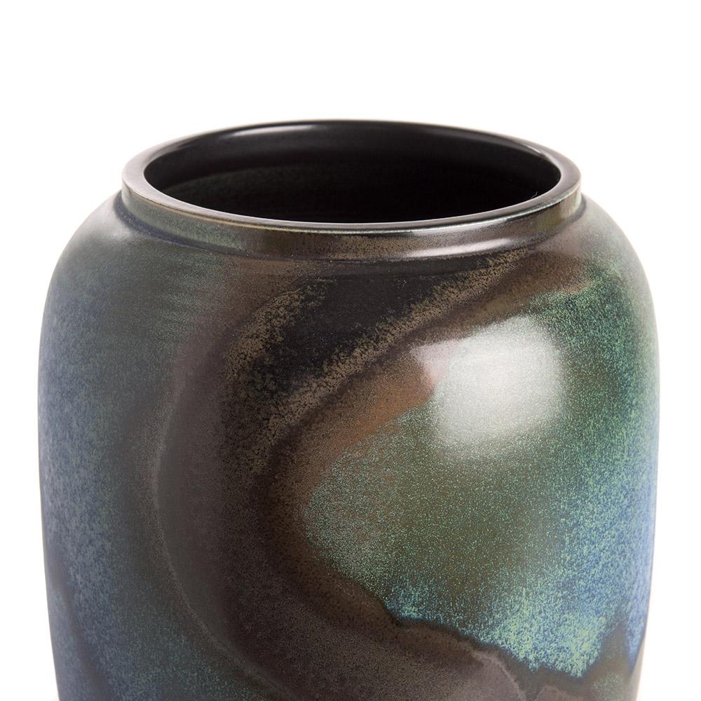 Contemporary Chinese ceramic barrel shaped vase.
Swirl shape design in dark brown and blue colorway.

   