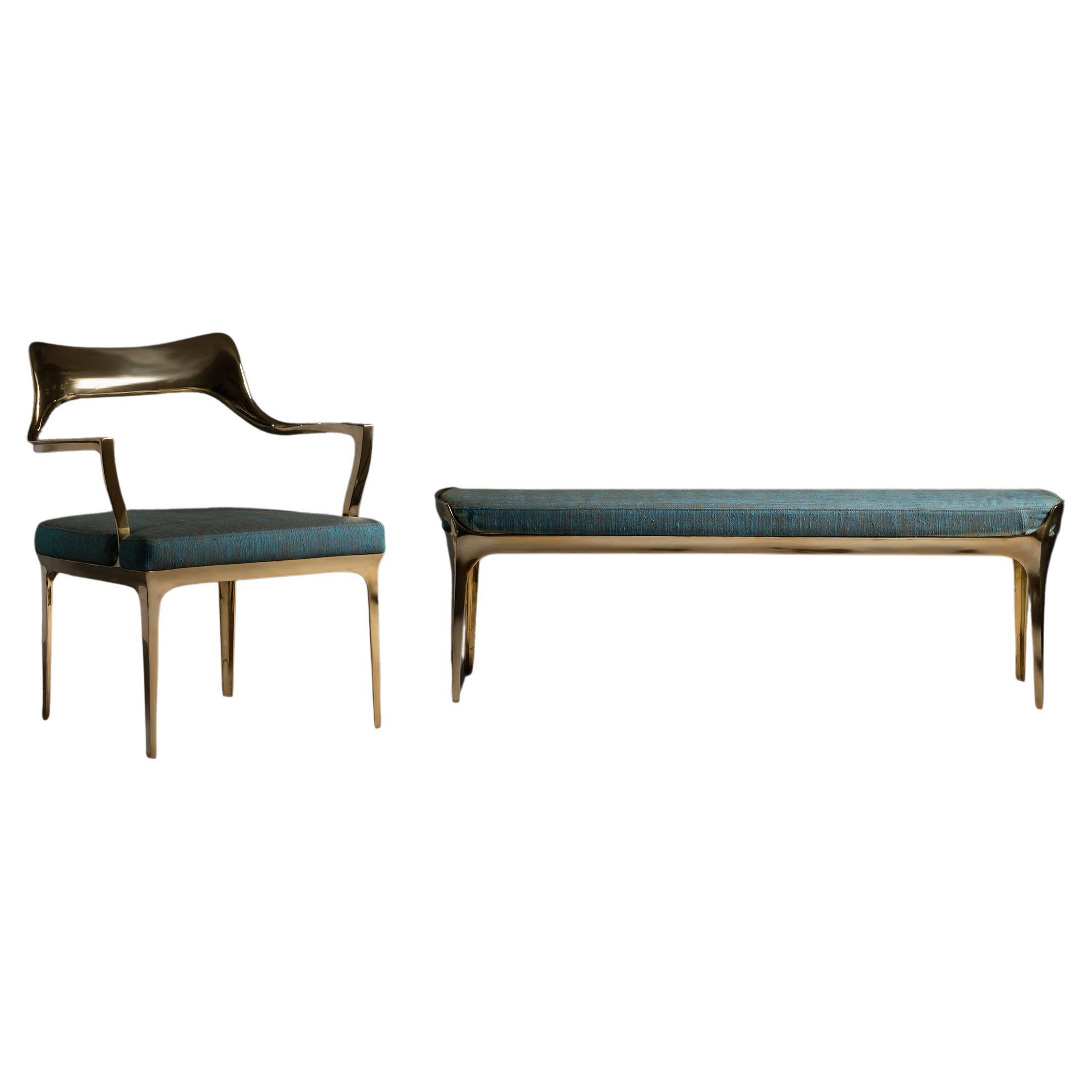 Blue and Gold Bruda Chair & Bench Set (IN STOCK)