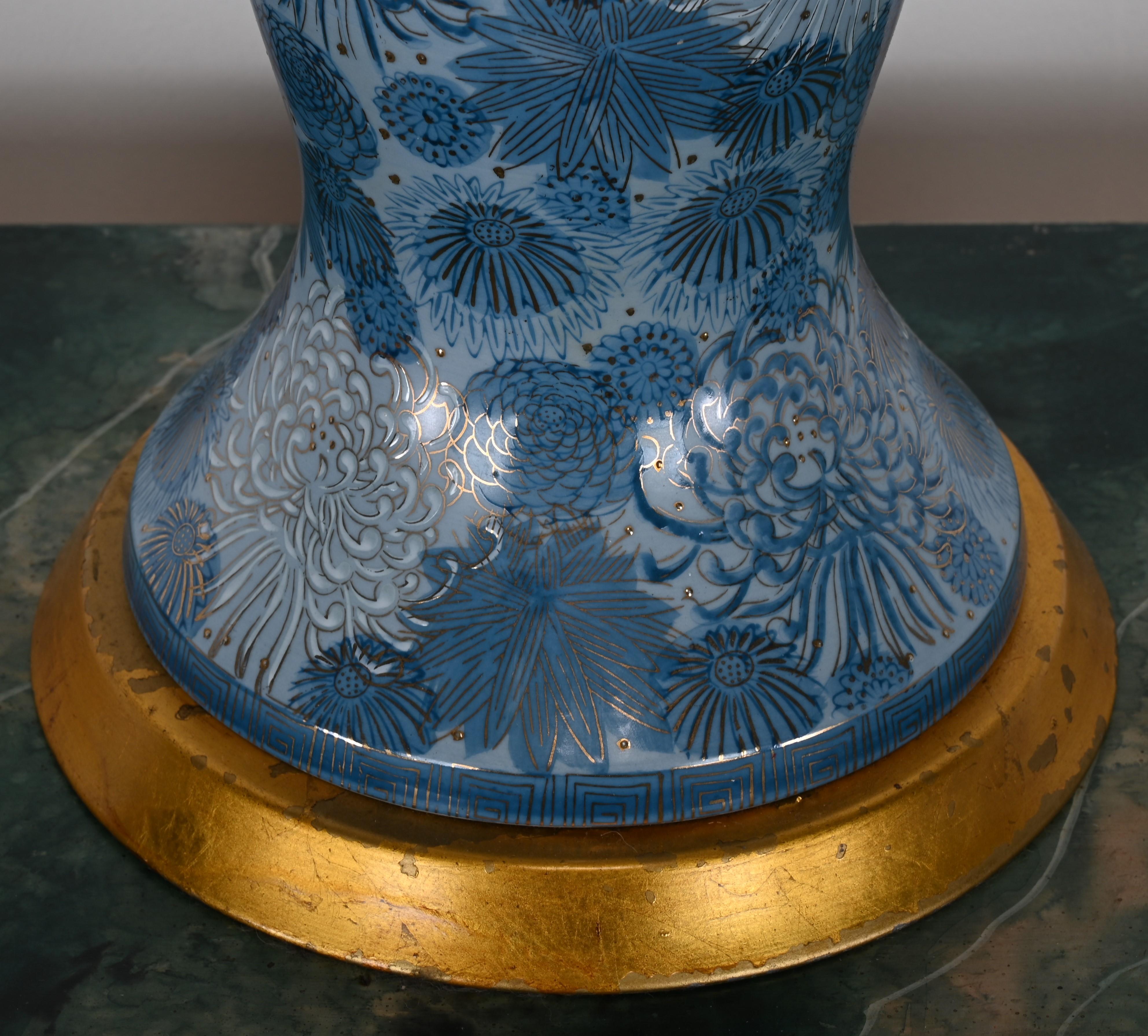 Hand-Painted Blue and Gold Chrysanthemum Lamp, 1960s