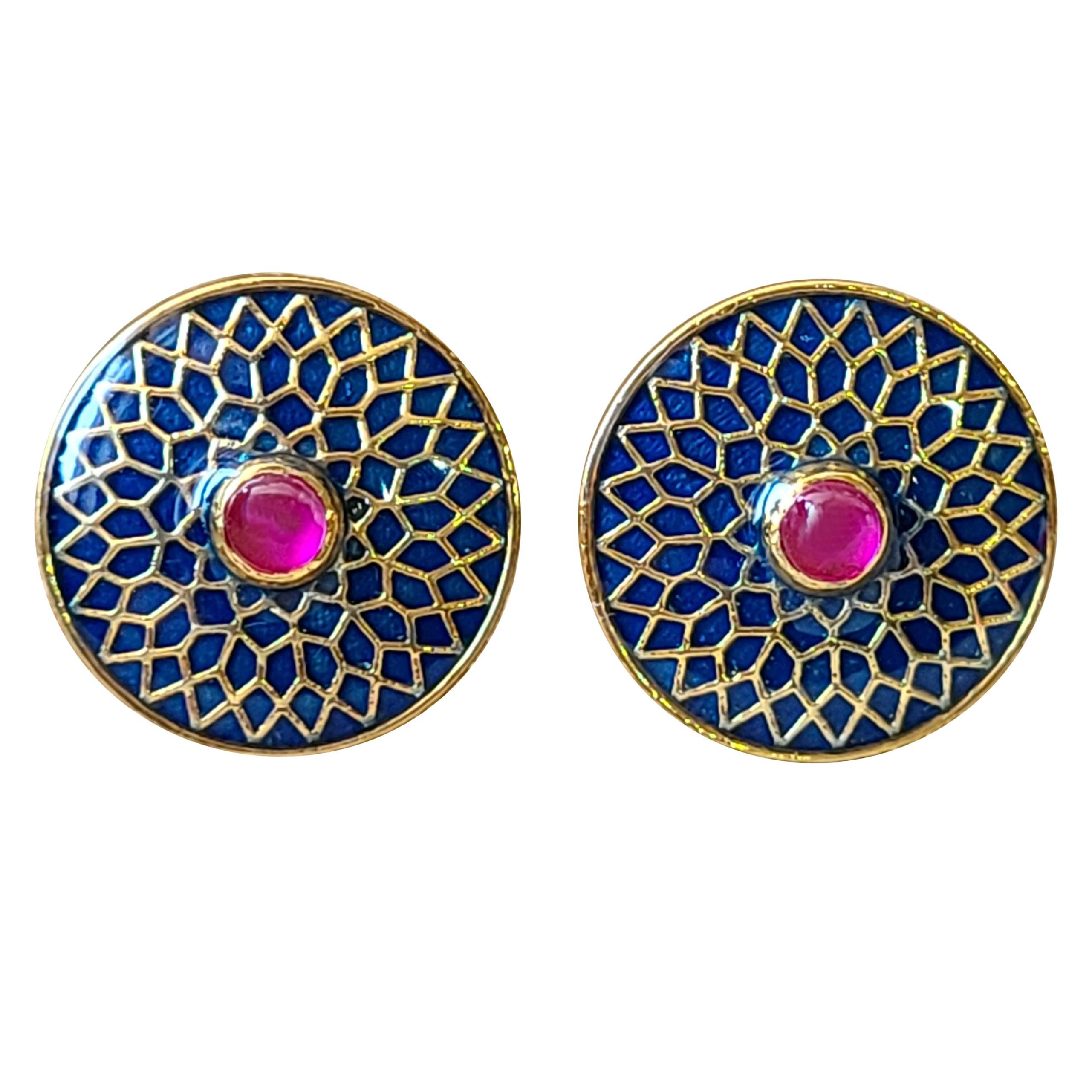 Blue and Gold Enamel Cufflinks with Ruby Set in 14 Karat Gold