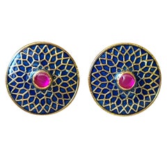 Blue and Gold Enamel Cufflinks with Ruby Set in 14 Karat Gold