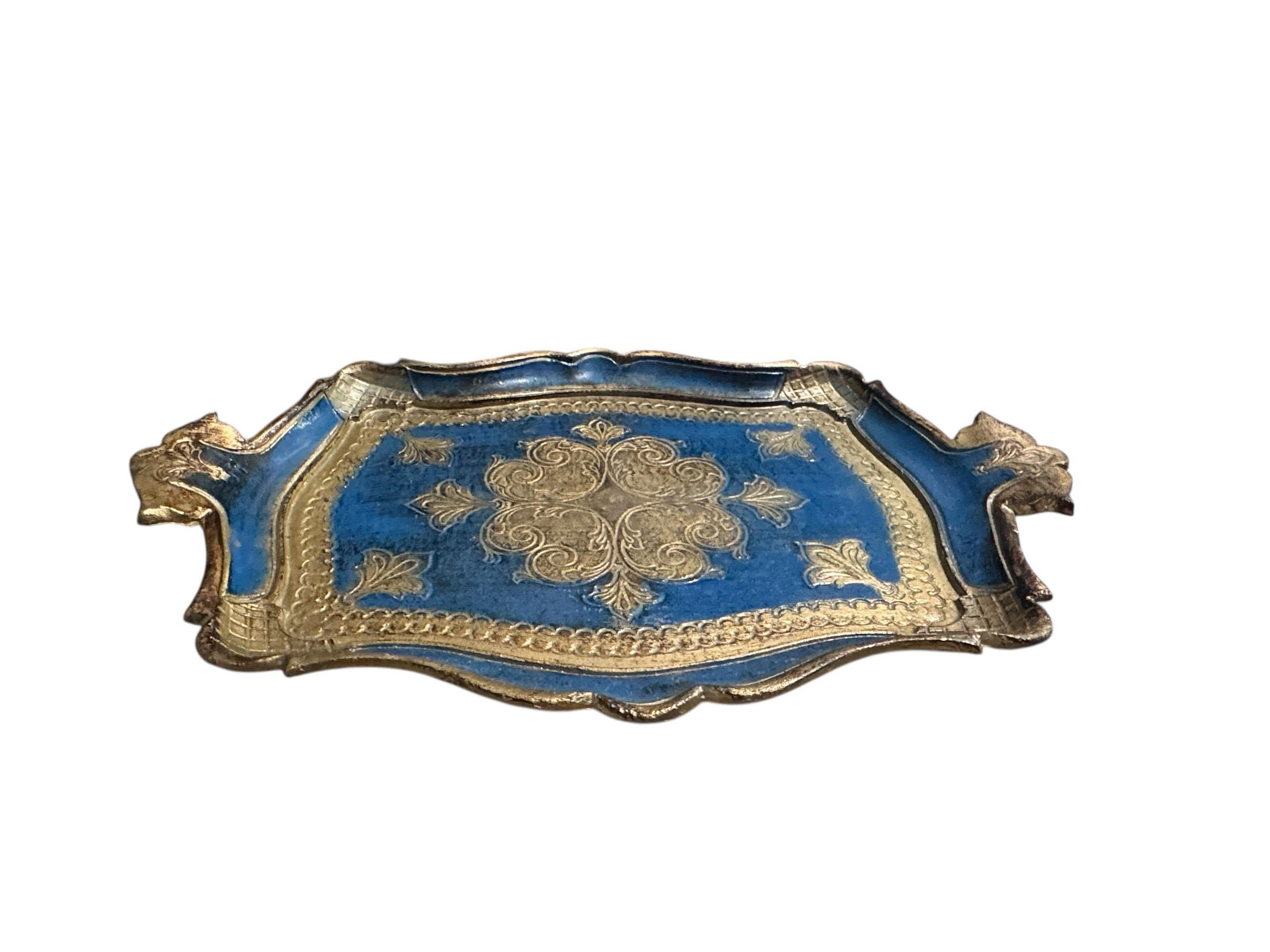 Bois Plateau Florentine bleu et or en vente