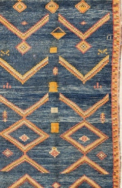 Blue and Gold Gallery Vintage Hand Knotted Moroccan Rug with Geometric Design