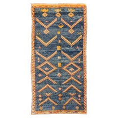 Blue and Gold Gallery Vintage Hand Knotted Moroccan Rug with Geometric Design