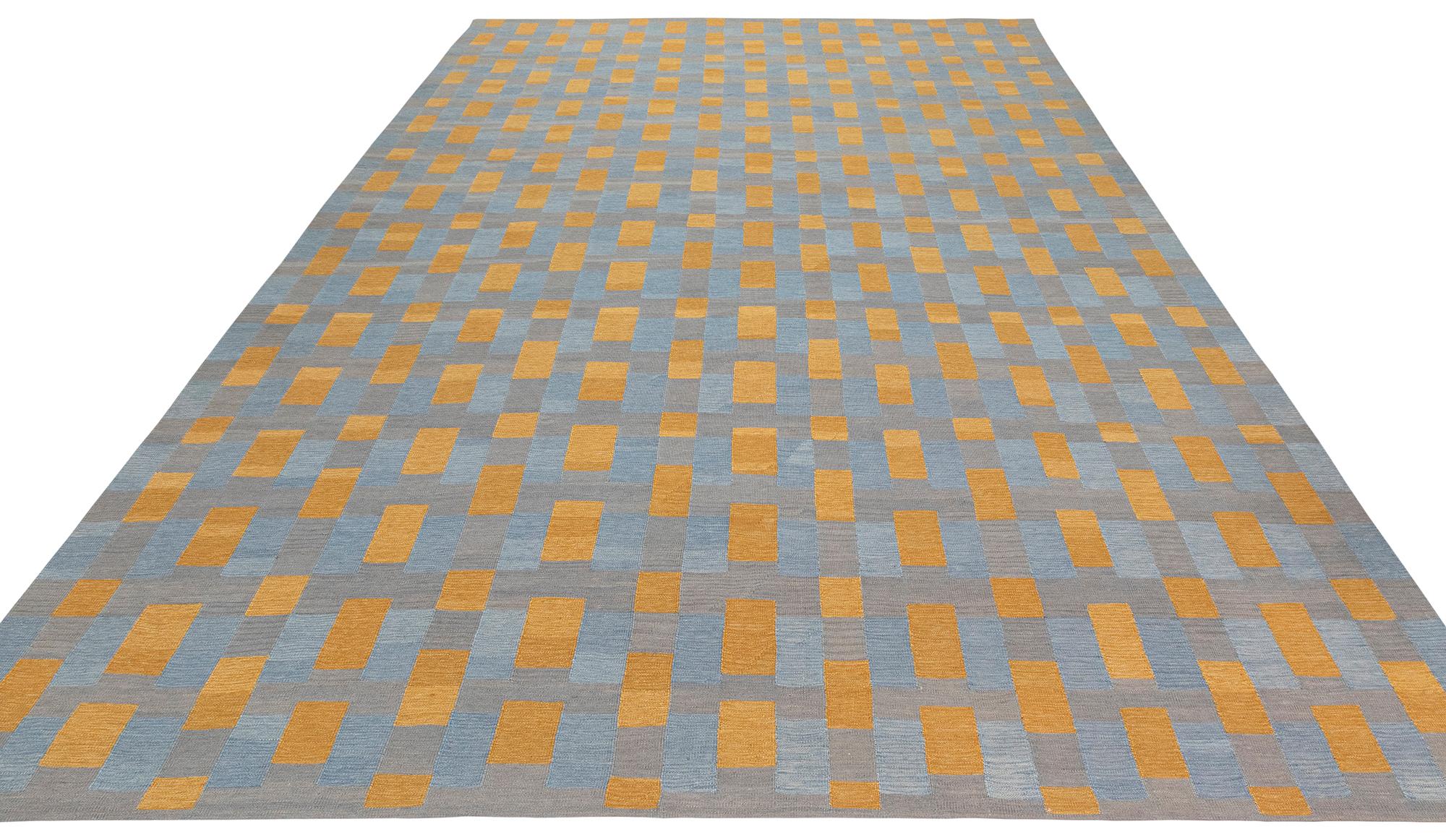 Hand-Woven Blue and Gold Gometric Shiraz Flatweave Rug For Sale