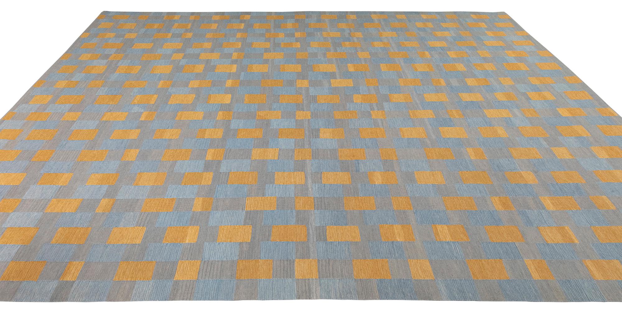 Contemporary Blue and Gold Gometric Shiraz Flatweave Rug For Sale
