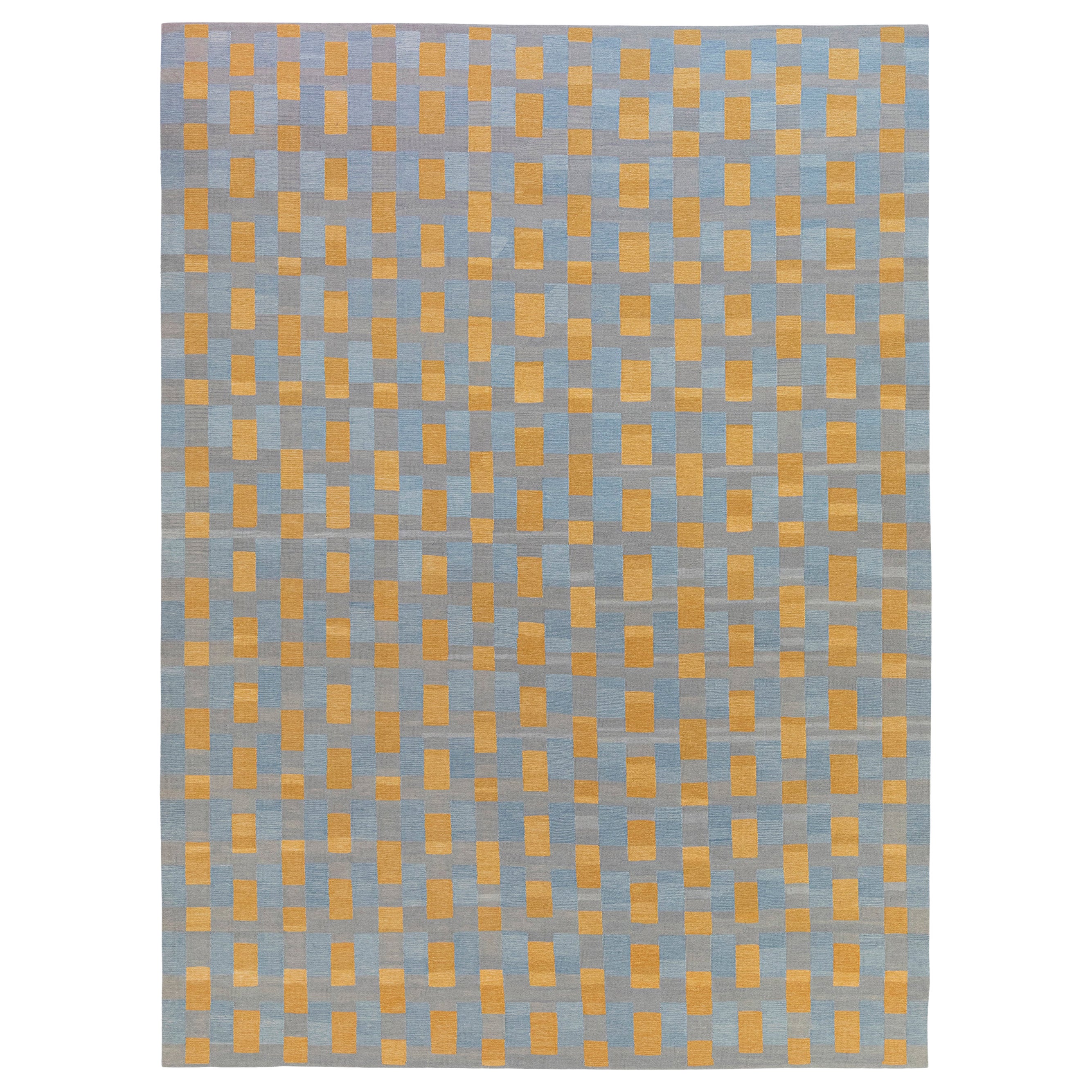 Tappeto Gometric Shiraz a tessitura piatta blu e oro in vendita