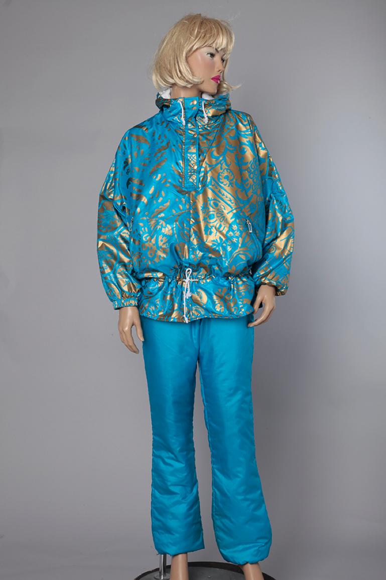 Blue and gold jacket and blue dungarees ski-suit  ensemble with hood 