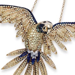Blue-and-gold Macaw Parrot Necklace with Green Diamonds and Blue Sapphires