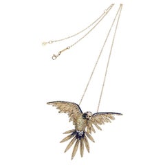 Blue-and-gold Macaw Parrot Necklace with Green Diamonds and Blue Sapphires