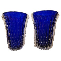 Blue and Gold Murano Crystal Pair of Vases, Italy Centerpieces