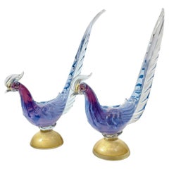 Figurillas de pájaros de cristal de Murano azul y dorado, Italia, circa años 50 - Pareja