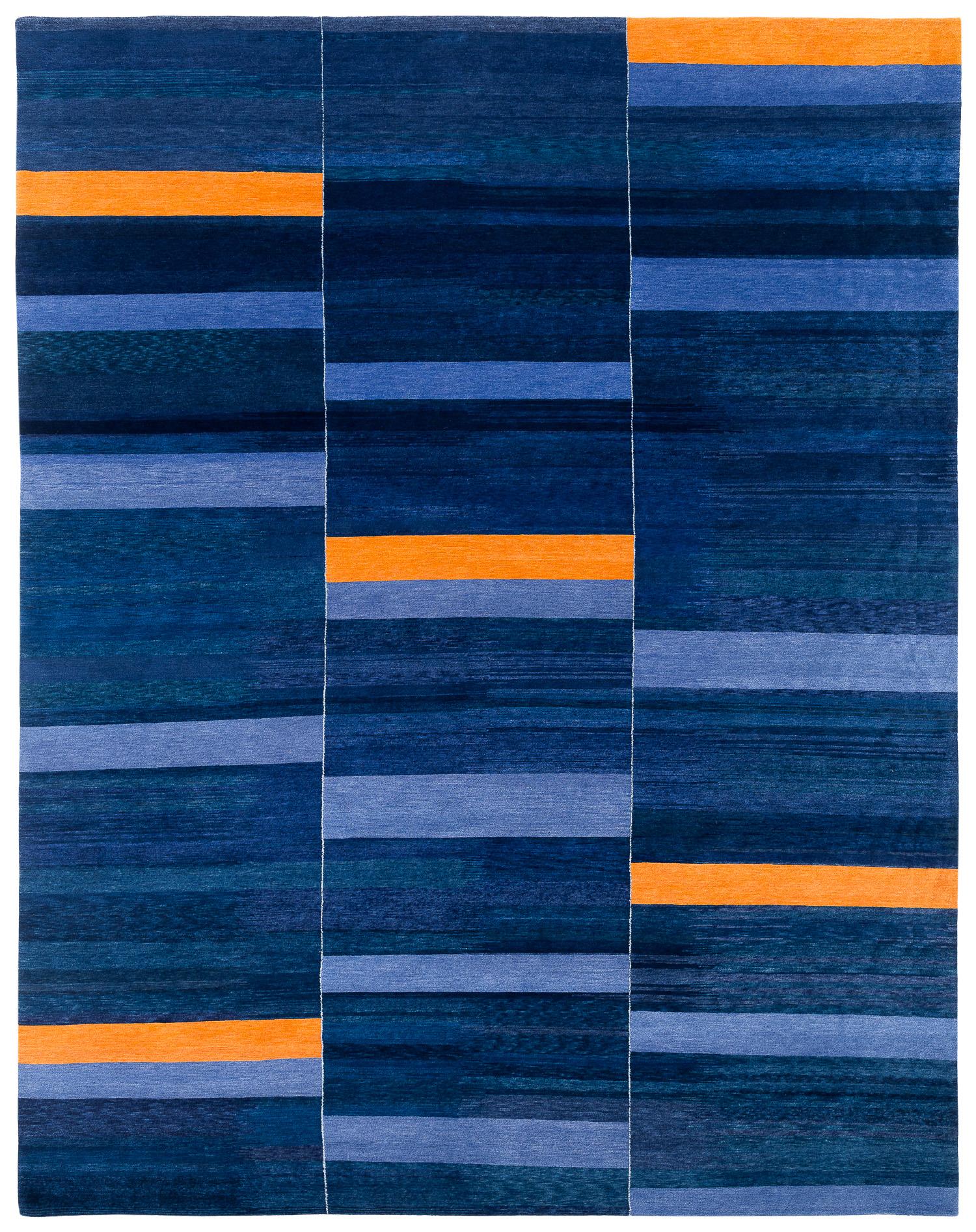 Blue and Gold Tribal Modern Natural Wool Area Rug Empyrean by Joseph Carini For Sale 6